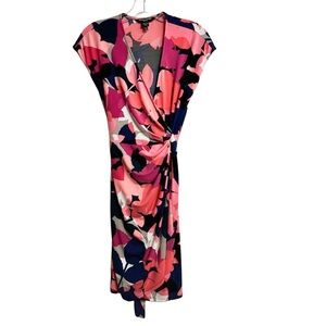 Maggy London Petite Wrap Midi Dress Floral Print Cap Sleeve Ruched Size 2P